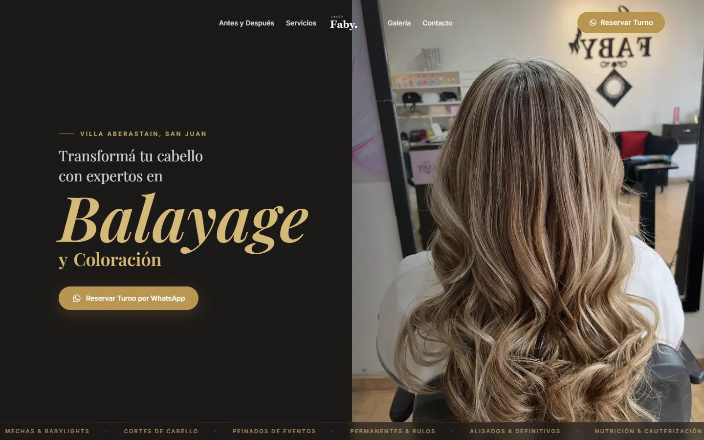 Hero del sitio de Salón Faby en desktop: titular Balayage y Coloración con foto real del salón
